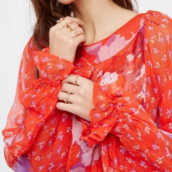 Free People Blouse Womens Small Red Floral Sheer Artsy Boho Ruffle Watercolor - Picture 3 of 14